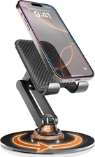 Rotating Cell Phone Stand for Desk | Sturdy Metal Base, Foldable, Portable