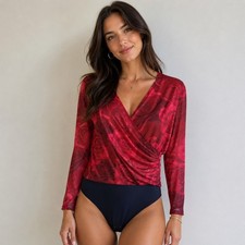 Tahari Womens XL Red Rose Floral Mesh Surplice Wrap Long Sleeve Bodysuit Top