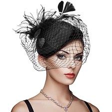 Women Fascinator Hats Tea Party Hat Vintage Pillbox Hat Headband 6.25" / Black