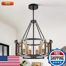 4-Light Drum Chandelier 15.7" Rustic Farmhouse Wood Grain Black Metal for