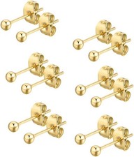 6 Pair Tiny Women 14K Gold Plated Ball Stud Earrings Surgical Stainless...