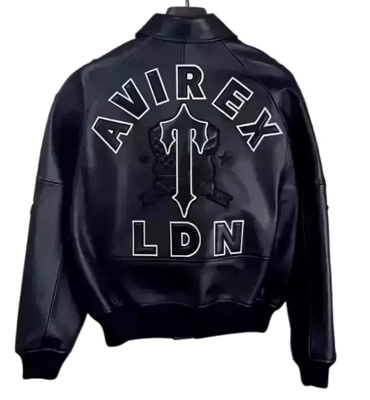 Men Avirex LDN USA Black Real Leather Bomber Jacket American
