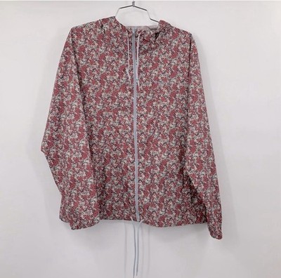 Columbia Women's Floral Windbreaker Jacket Hooded Full Zip Red White Gray Size L