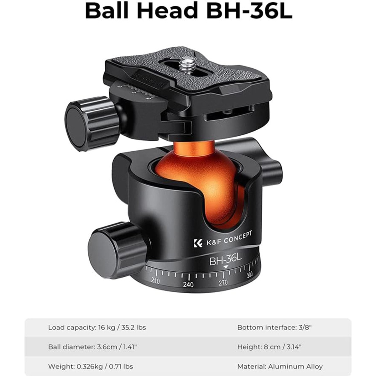K&F Concept BH-36L 36mm Aluminum Alloy Panoramic Tripod Ball Head with Quick Rel