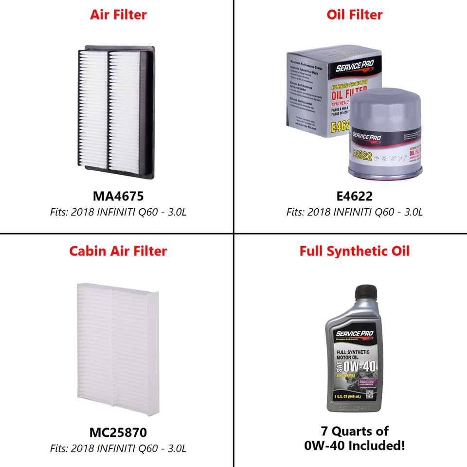 2018 INFINITI Q60 3.0L Complete Oil, Air & Cabin Filter Kit (0W-40) Foto 2 de 4