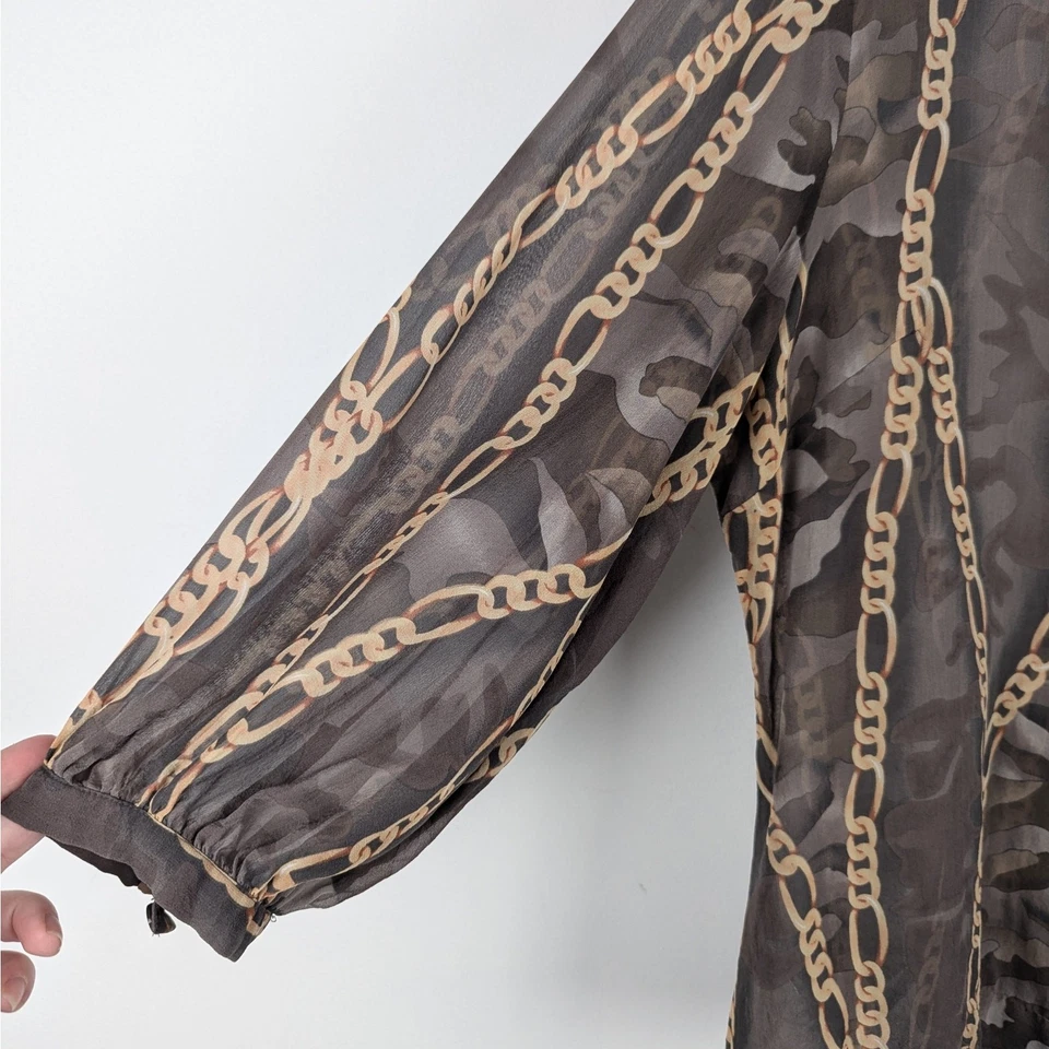 复古 Spiegel 棕色链条印花丝绸透明网眼领纽扣衬衫 — 第 4/4 张图片