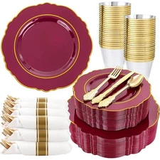 350 PCS Red Plastic Party Plates Set Burgundy Gold Disposable Dinnerware 100