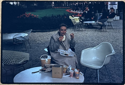 1950s Woman Eating Lunch in Retro Garden Café   Kodachrome Slide