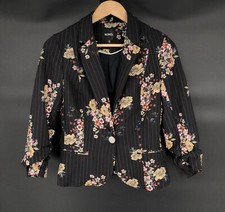 Xoxo Womens Floral Pinstripe Blazer Size M Black Ruched 3/4 Sleeves Y2k Office