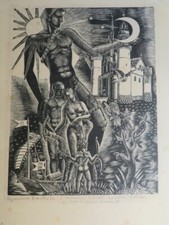 Colette PETTIER 1907-1983 ORIGINAL WOODCUT SIGNED ALLEGORY LOVE ART DECO