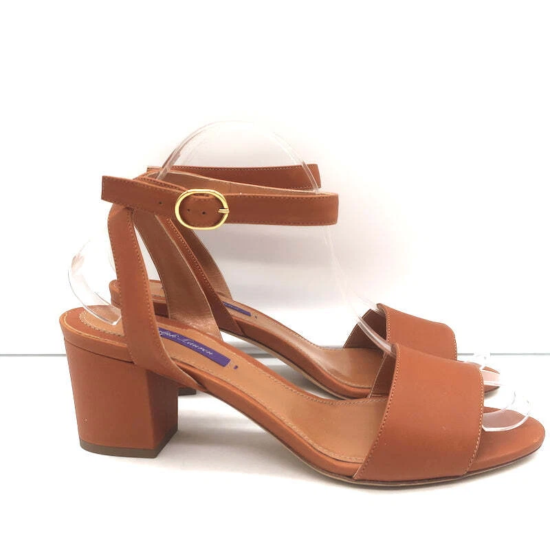 Sandalias Ralph Lauren Etiqueta Púrpura Correa al Tobillo Tacón Bloque Cuero Marrón Talla 38.5 Foto 3 de 4