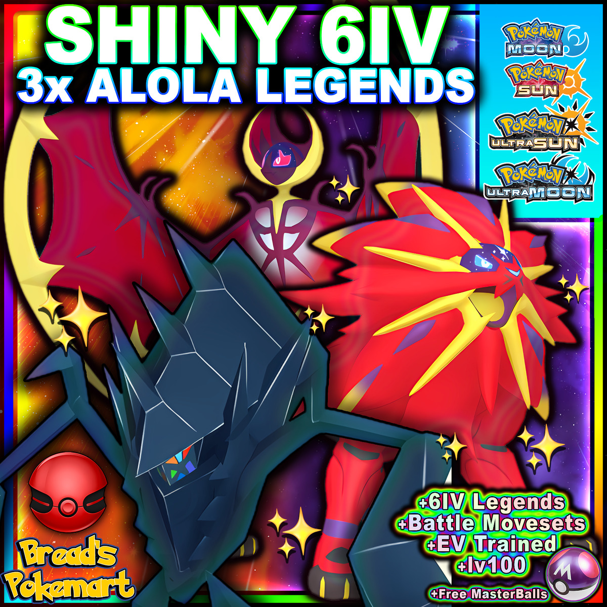 Shiny Necrozma, lunala and Solgaleo for Pokemon Sword and Shield + 3  Masterballs