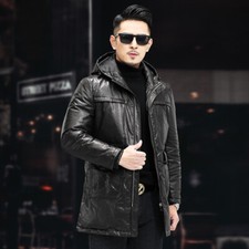 Piumino cappotto uomo invernale vera pelle di mucca medio lungo caldo con cappuccio
