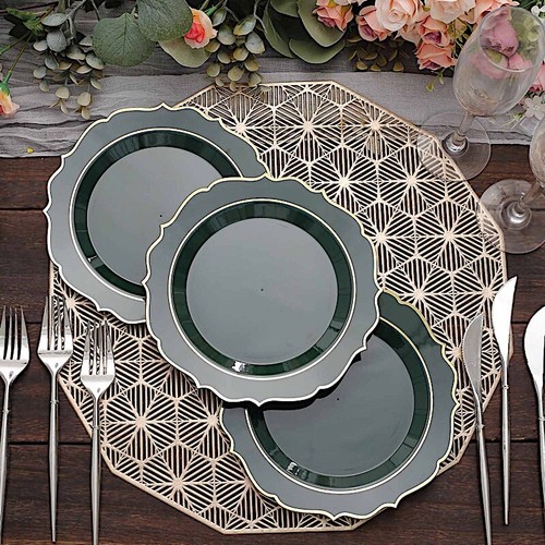 30 HUNTER GREEN 8" Round Plastic Dinner Plates GOLD Scalloped Rim Events Wedding - Afbeelding 7 van 8