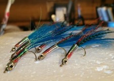  5x UK BASS SALTWATER FLIES Fly,blue assassin Surf Candy salmon PIKE 1/0 11CM