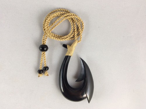 Hawaiian Fishhook Necklace Carved From Buffalo Horn XLarge 3”T.Adjustable Cord - Picture 2 of 8