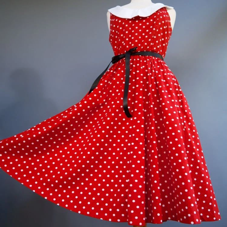VTG 80s does 40s Red White Polka Dot Pin Up Dress 100 Cotton