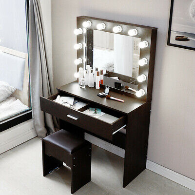 12 Lights Mirror Makeup Vanity Table Stool Set Drawers Dressing Desk Black Ebay