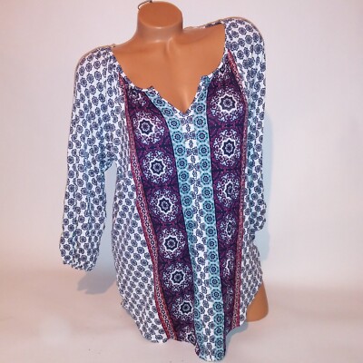 Absolutely Fabulous Blouse Medium Colorful Geo 3/4 Sleeve V Slit Neck New