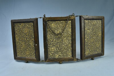 Antique 1800s TRI FOLD OAK SHAVING MIRROR BEVELED TOOLED LEATHER