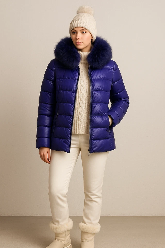 Madeleine Daunenjacke Violett Echtfellkragen 42 Luxus Glanzjacke Rüschenärmel - Bild 3 von 4