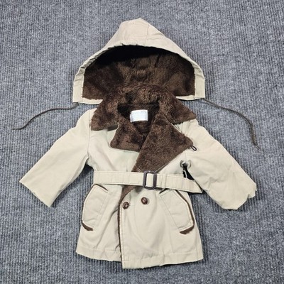 Vintage Sears Coat Toddler 2T Tan Brown Faux Fur Lined Hooded Belted 80s