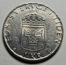 1980 Sweden 1 One Krona - Copper Nickel Coin - Swedish - World Coin - Europe