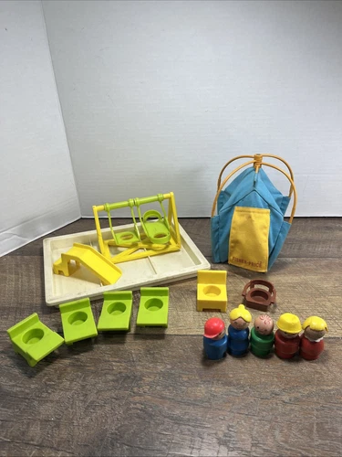 Vintage Fisher Price Little People Lot of 5 Figures Play Ground Tent Chairs Wood