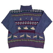 Woolrich Deer Mountain Nature Hand Framed Blue Sweater Size Medium