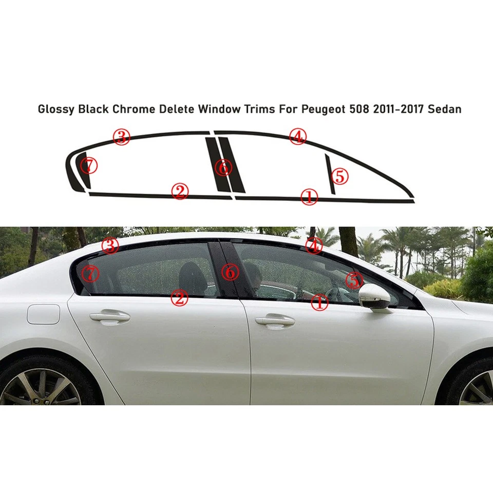 Glossy Black Chrome Delete Window Trims For Peugeot 508 2011-2017 Sedan Foto 4 de 4