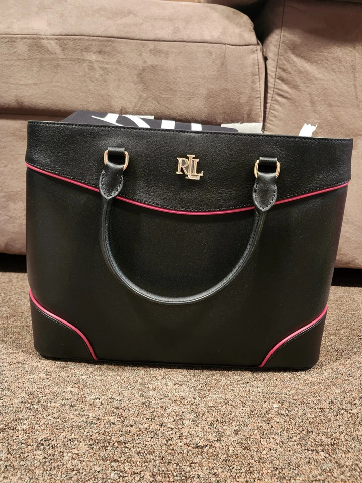 Bolso Cartera Ralph Lauren Dos Tonos Cuero Flexible Grande Marcy Negro/Rojo $495 NUEVO Foto 2 de 4