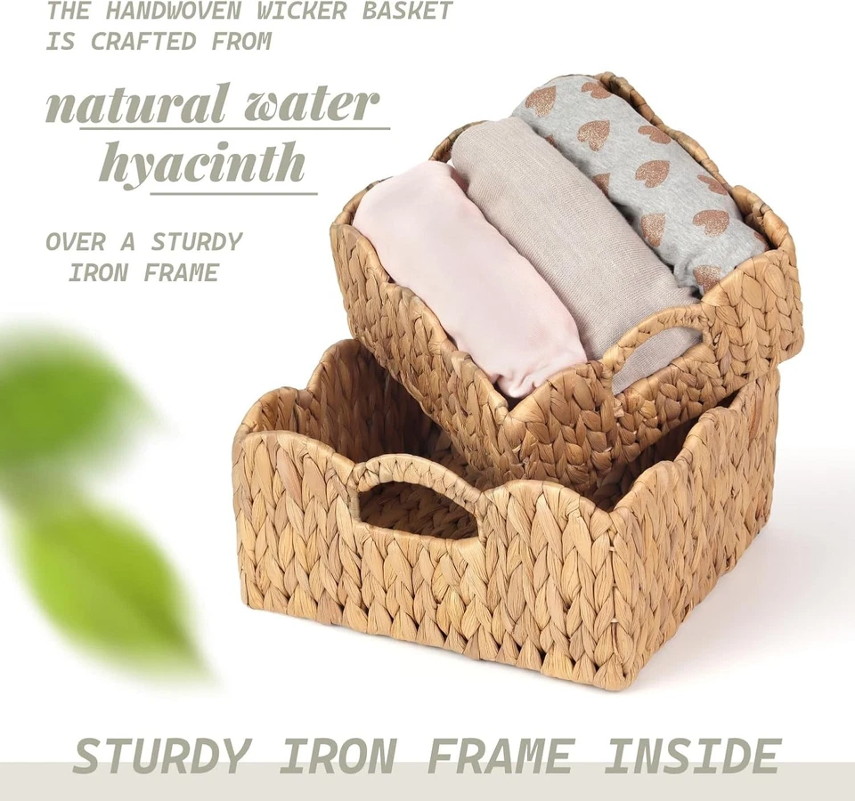 Juego de 2 cestas de jacinto de agua festoneadas, contenedores de almacenamiento tejidos con asas Foto 3 de 4