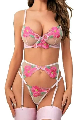 Rosa floraldreiteiliges sexy Dessous-Set Lingerie Gr M Push up BH - Bild 1 von 2