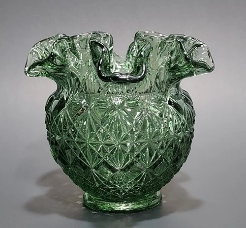 Fenton Ruffled Edge Forest/ Emerald Green Diamond Point Vase/ Bowl