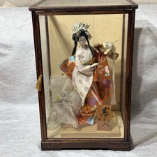 VINTAGE Japanese Ningyo Doll Princess Warrior Kabuto Helmet in Glass Case