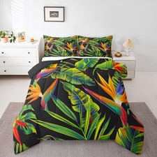 Tropical Palm Tree Comforter Set Black Background Twin Size,Watercolor Flower...