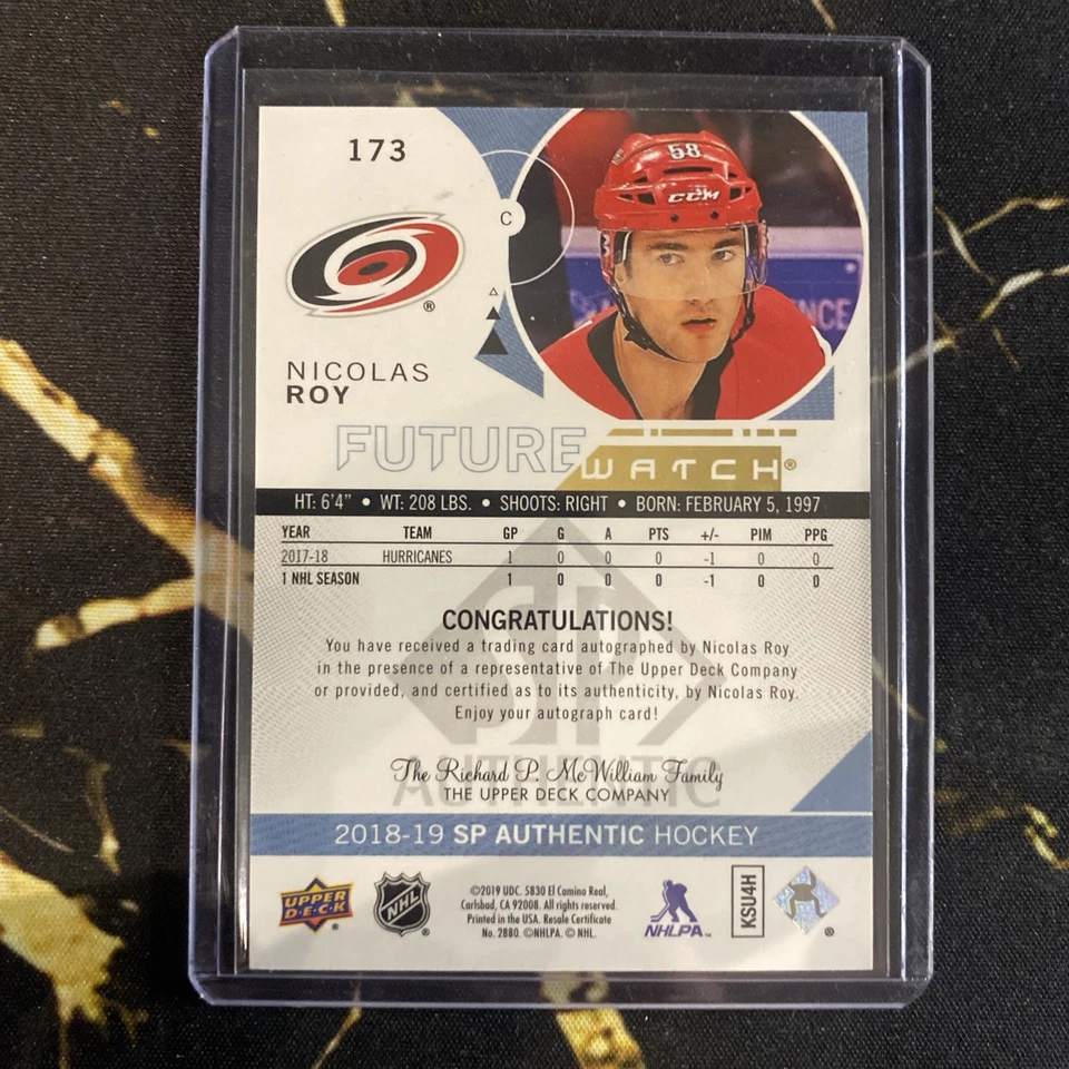 2018-19 UD SP Authentic Nicolas Roy Future Watch FWA Rookie #173 AUTO /999 Leafs - Image 2 of 2