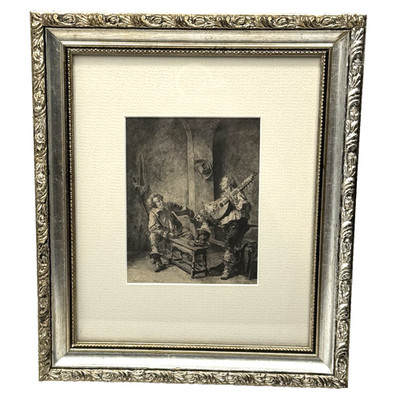 Jean-Louis Meissonier ''Un Chanson'' Mandolin Player''Engraving Etching MAT & FRAME