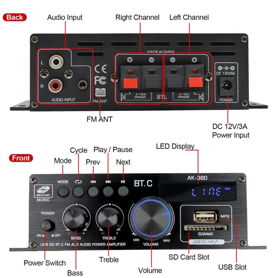 800W 2Channel bluetooth Mini HIFI Power Amplifier Audio Stereo Amp Home Car FM - Image 4 of 4