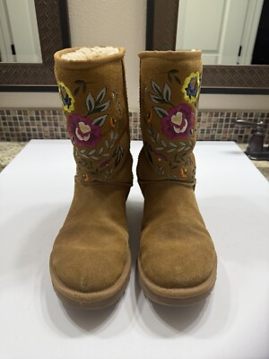UGG Boots Womens 7 Juliette Floral Embroidered Chestnut Suede High Winter Lined