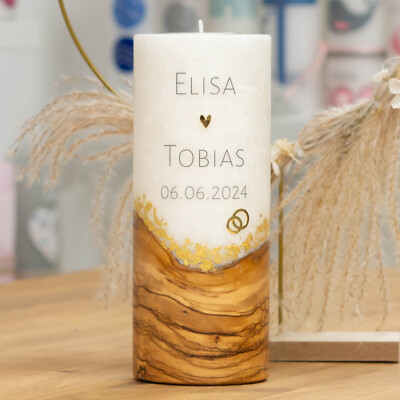  Hochzeitskerze mit Druck und Wachsverzierung ST. MORITZ mit Holz und Gold