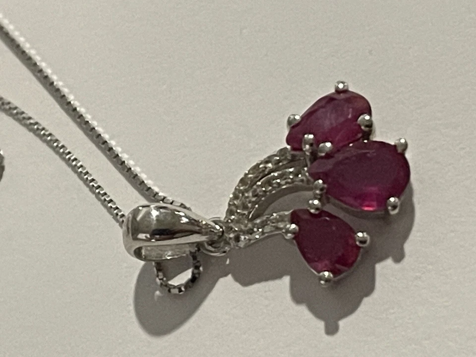 红色红宝石加热 7x5 毫米和白色黄玉/Cz 925 纯银珠宝项链 18 — 第 4/4 张图片