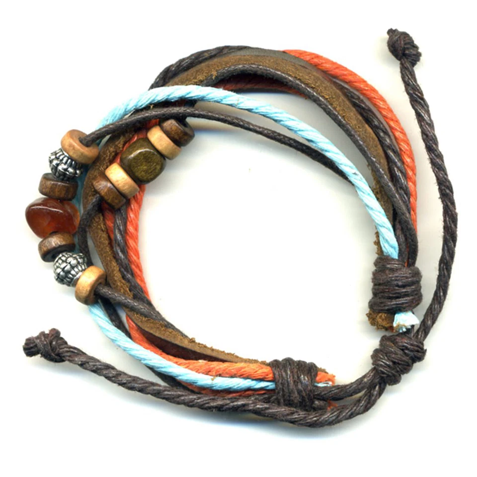 BRACELET CUIR ETHNIQUE PERLES BOIS COTON PIERRE UNISEXE ARTISANAL AJUSTABLE 820 - Photo 1/1