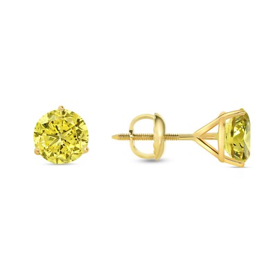 3 Ct Round Cut Canary Earrings Studs Solid 14K Yellow Gold Screw Back Martini