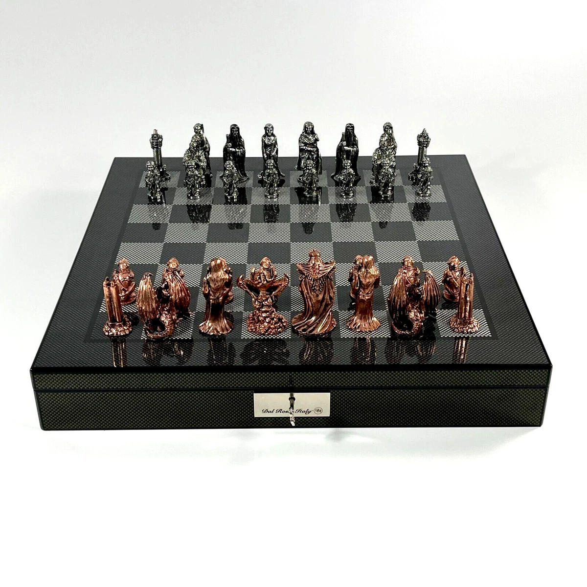 Dal Rossi 50cm Carbon Fibre Finish Board + Evil Ring Themed Metal Chess Set