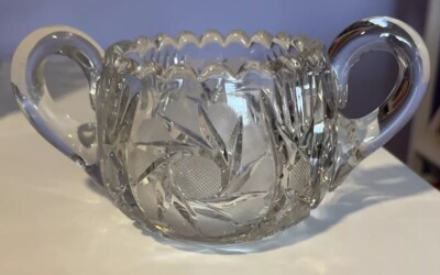 Vintage Brilliant Cut Crystal Double Handle Open Sugar Bowl Spiral Stars