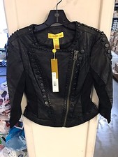 Catherine Malandrino 123jl03 Jacket Noir Cropped Leather Black Stud Detail New