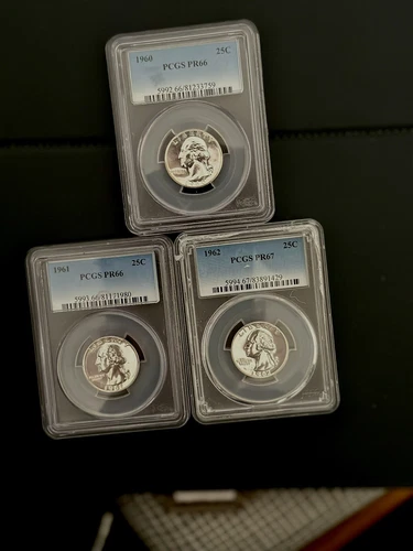 3 Proof Quarters PCGS, 1960, 1961, 1962, HIGH GRADE, 90% Silver