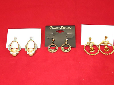 Pretty Lot of Three Gold-Tone Earrings in Pierced Dangle- Some With Stones