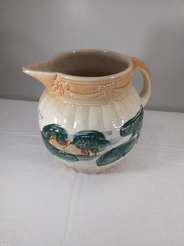 VTG McCoy Water Pitcher 32oz Cream/Brown Glaze Rural Design Small Chip  Spout
